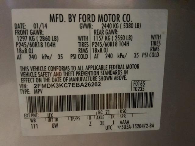 2FMDK3KC7EBA26262 - 2014 FORD EDGE LIMIT SILVER photo 10