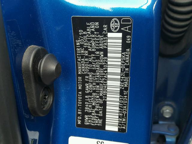 2T1BU4EE7AC410729 - 2010 TOYOTA COROLLA BA BLUE photo 10