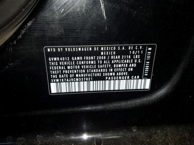 3VW1K7AJ9CM337621 - 2012 VOLKSWAGEN JETTA BASE BLACK photo 10