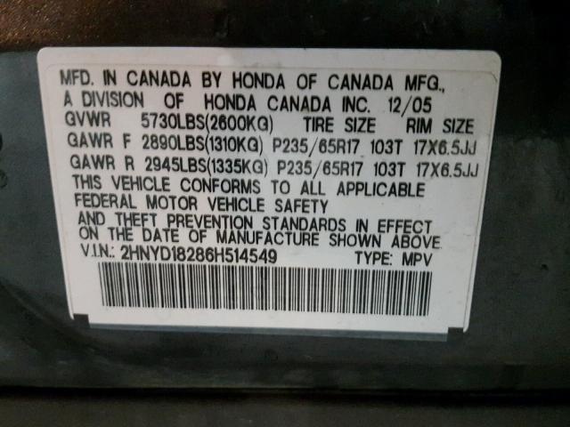 2HNYD18286H514549 - 2006 ACURA MDX GRAY photo 10