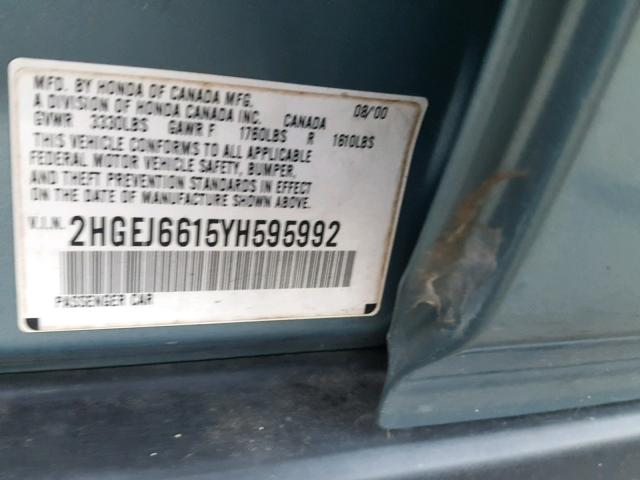 2HGEJ6615YH595992 - 2000 HONDA CIVIC BASE BLUE photo 10