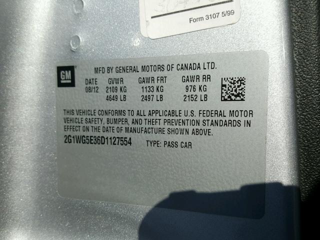 2G1WG5E36D1127554 - 2013 CHEVROLET IMPALA LT SILVER photo 10