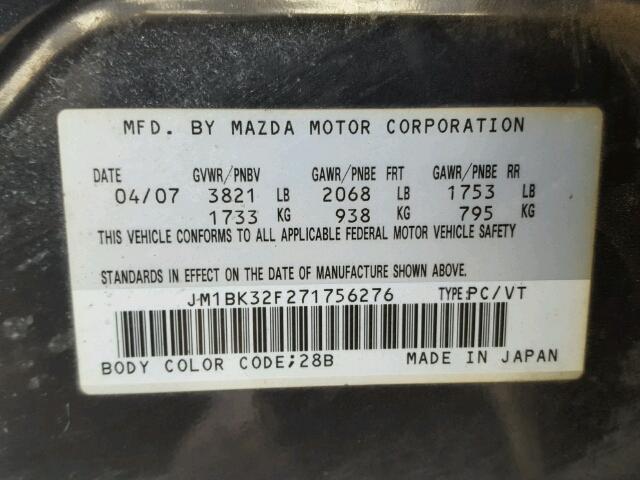 JM1BK32F271756276 - 2007 MAZDA 3 I GRAY photo 10