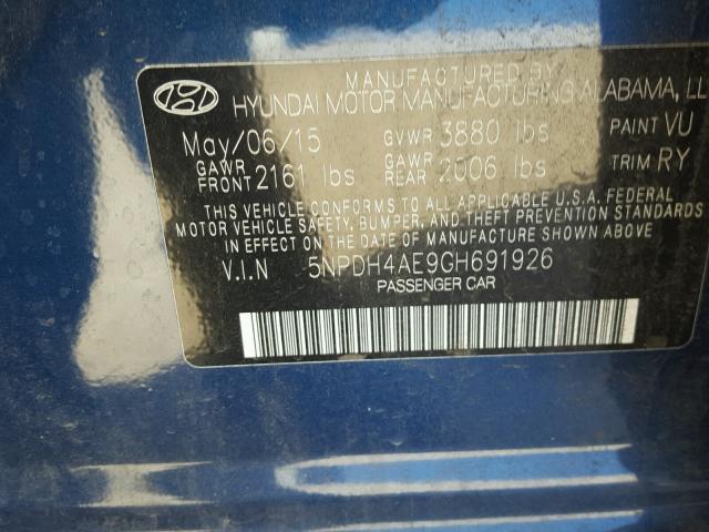 5NPDH4AE9GH691926 - 2016 HYUNDAI ELANTRA SE BLUE photo 10