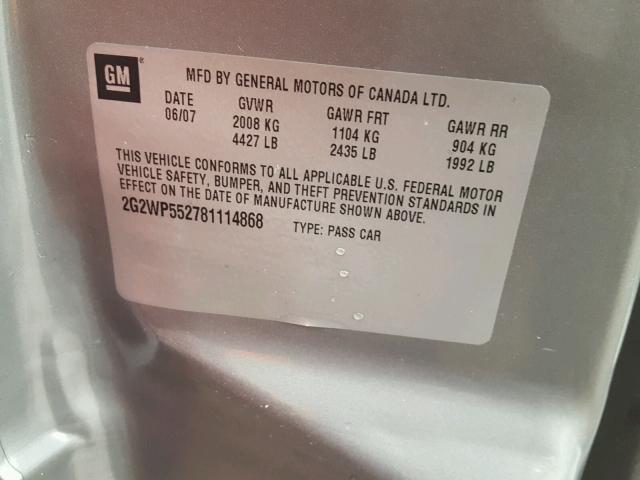 2G2WP552781114868 - 2008 PONTIAC GRAND PRIX GRAY photo 10