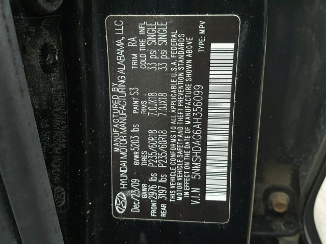 5NMSHDAG6AH356099 - 2010 HYUNDAI SANTA FE S 黑色 照片 10