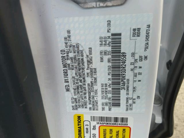 3FA6P0K93DR240589 - 2013 FORD FUSION TIT WHITE photo 10