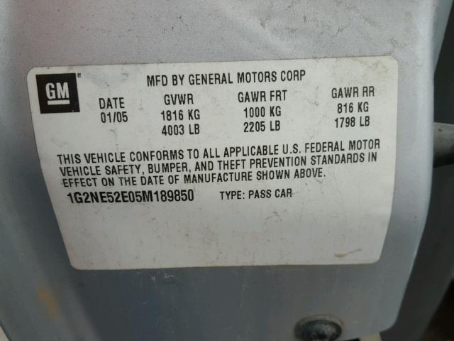 1G2NE52E05M189850 - 2005 PONTIAC GRAND AM S SILVER photo 10