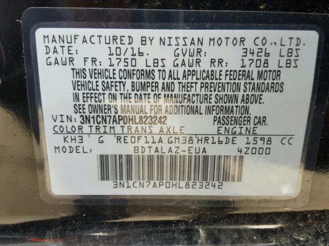 3N1CN7AP0HL823242 - 2017 NISSAN VERSA S BLACK photo 10