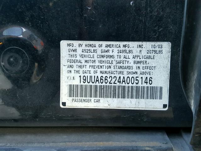 19UUA66224A005146 - 2004 ACURA TL BLACK photo 10