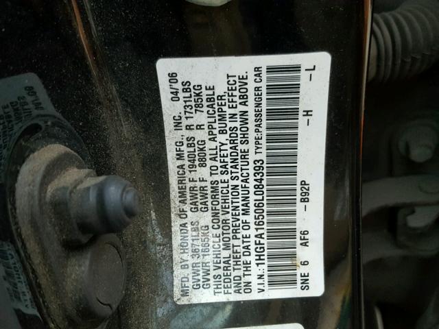 1HGFA16506L084393 - 2006 HONDA CIVIC LX BLACK photo 10