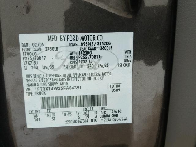 1FTRX14W35FA84391 - 2005 FORD F150 BROWN photo 10