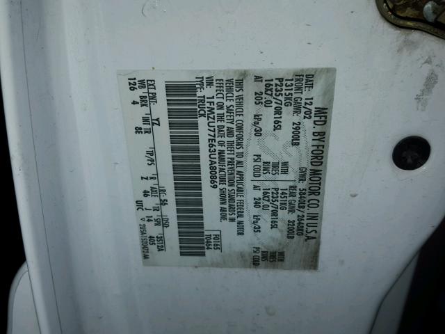 1FMZU77E63UA80869 - 2003 FORD EXPLORER S WHITE photo 10