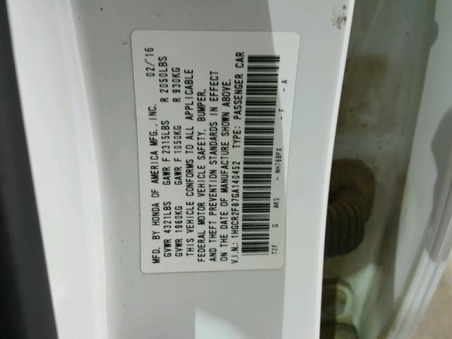 1HGCR2F87GA140452 - 2016 HONDA ACCORD EXL WHITE photo 10