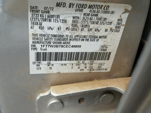 1FT7W3BT8CEC49899 - 2012 FORD F350 SUPER SILVER photo 10