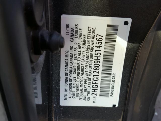 2HGFG12809H514567 - 2009 HONDA CIVIC EX GRAY photo 10