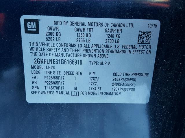 2GKFLNE31G6166910 - 2016 GMC TERRAIN SL BLUE photo 10