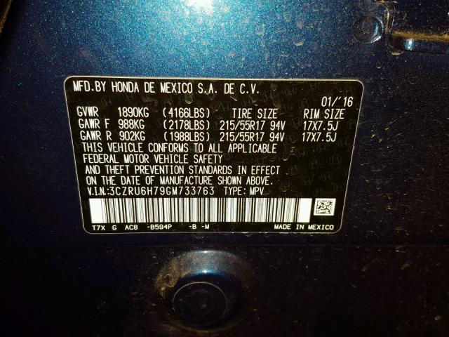 3CZRU6H79GM733763 - 2016 HONDA HR-V EXL BLUE photo 10