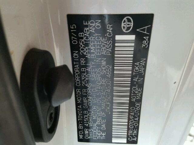 JTKJF5C74GJ014652 - 2016 TOYOTA SCION TC 白色 照片 10