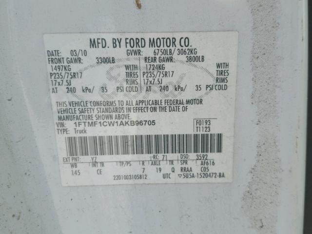 1FTMF1CW1AKB96705 - 2010 FORD F150 WHITE photo 10