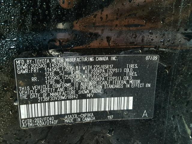 2T3BF33V39W018842 - 2009 TOYOTA RAV4 BLACK photo 10