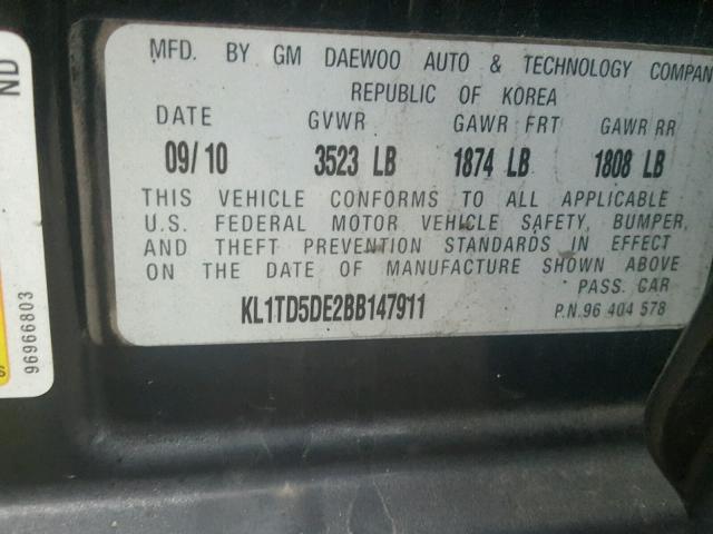 KL1TD5DE2BB147911 - 2011 CHEVROLET AVEO LS 黑色 照片 10