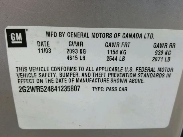 2G2WR524841235807 - 2004 PONTIAC GRAND PRIX Արծաթագույն լուսանկար 10