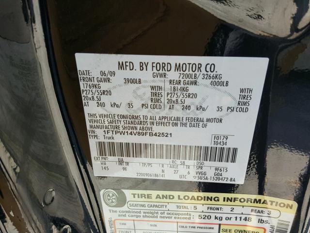 1FTPW14V89FB42521 - 2009 FORD F150 SUPER BLACK photo 10