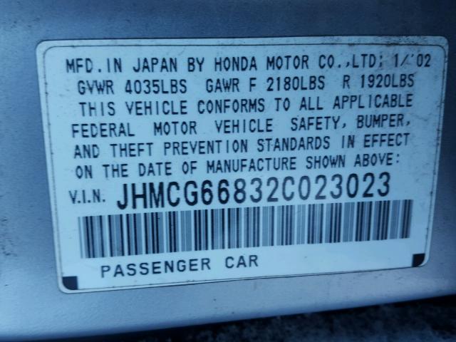 JHMCG66832C023023 - 2002 HONDA ACCORD EX SILVER photo 10