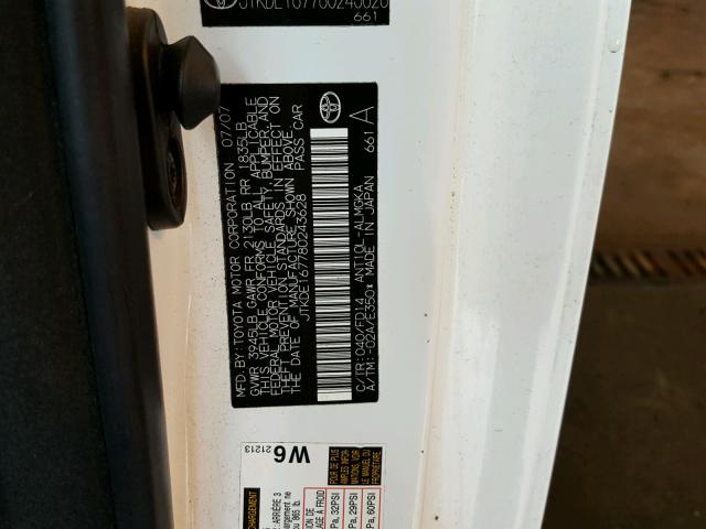 JTKDE167780243628 - 2008 TOYOTA SCION TC 白色 照片 10