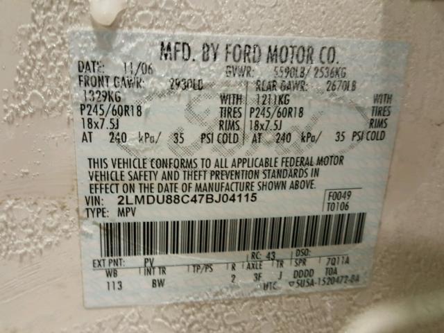 2LMDU88C47BJ04115 - 2007 LINCOLN MKX CREAM photo 10