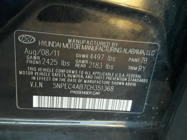 5NPEC4AB7CH351368 - 2012 HYUNDAI SONATA SE BLACK photo 10