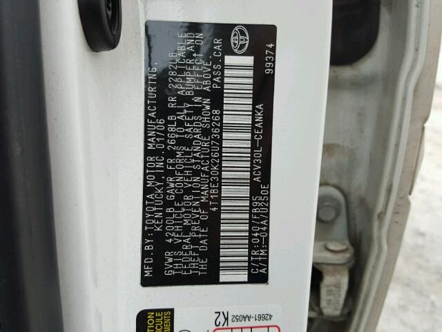 4T1BE30K26U736268 - 2006 TOYOTA CAMRY LE WHITE photo 10