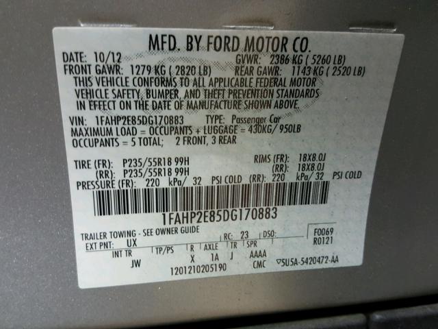 1FAHP2E85DG170883 - 2013 FORD TAURUS SEL SILVER photo 10