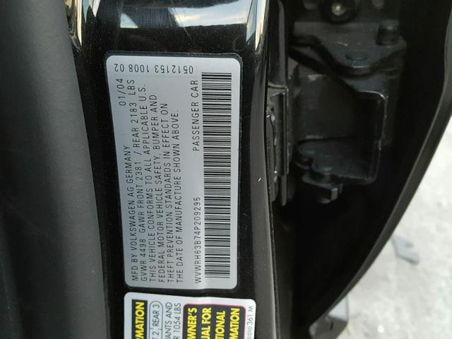 WVWRH63B74P209295 - 2004 VOLKSWAGEN PASSAT GLX BLACK photo 10