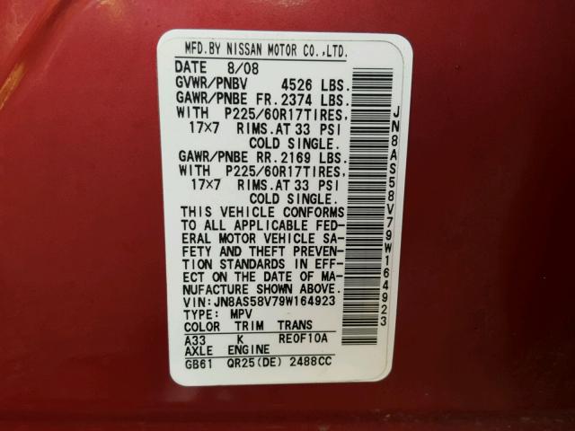 JN8AS58V79W164923 - 2009 NISSAN ROGUE S RED photo 10