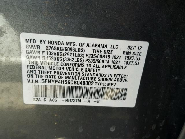 5FNYF4H56CB040002 - 2012 HONDA PILOT EXL CHARCOAL photo 10