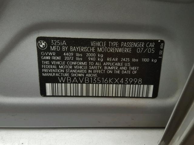 WBAVB13516KX43998 - 2006 BMW 325 I SILVER photo 10