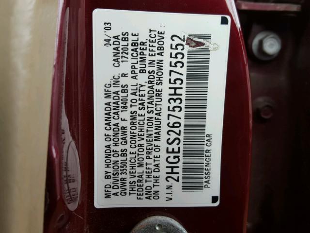 2HGES26753H575552 - 2003 HONDA CIVIC EX 栗色 照片 10