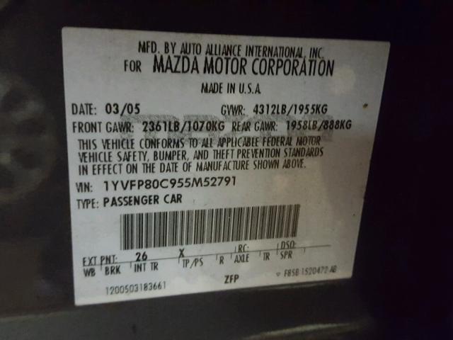 1YVFP80C955M52791 - 2005 MAZDA 6 I GRAY photo 10