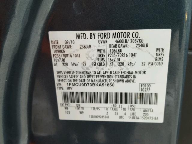 1FMCU9D73BKA51850 - 2011 FORD ESCAPE XLT BLUE photo 10