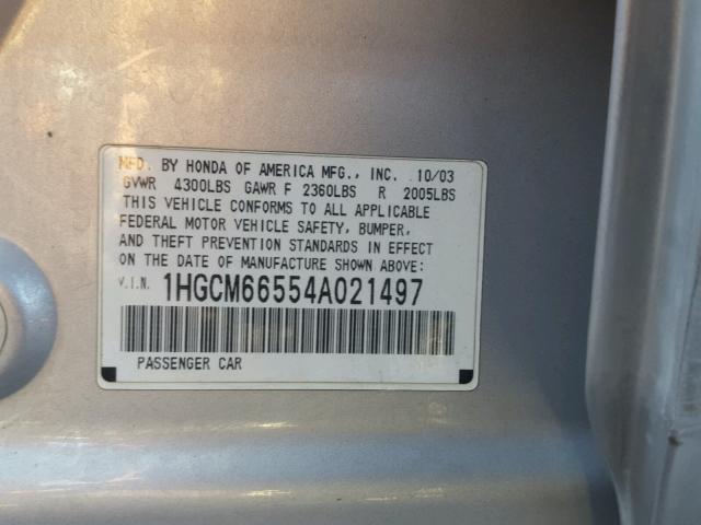 1HGCM66554A021497 - 2004 HONDA ACCORD EX SILVER photo 10