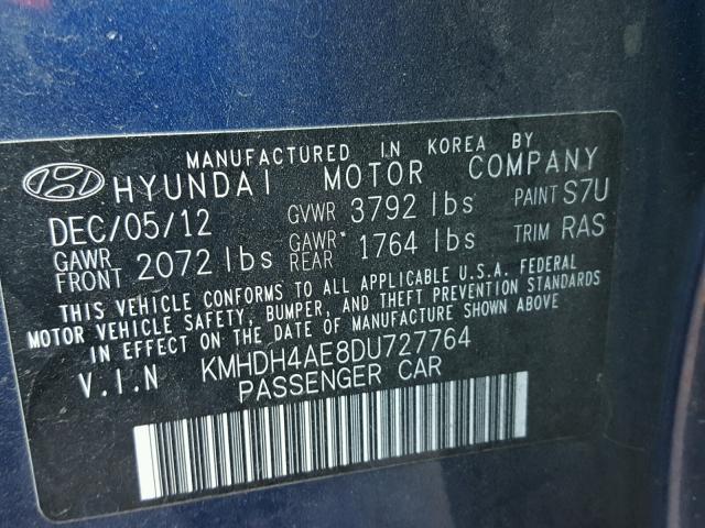 KMHDH4AE8DU727764 - 2013 HYUNDAI ELANTRA GL BLUE photo 10