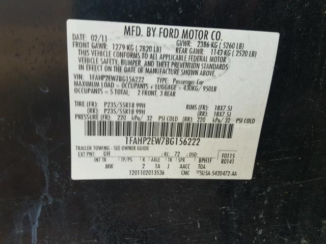 1FAHP2EW7BG156222 - 2011 FORD TAURUS SEL BLACK photo 10