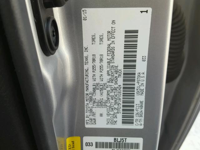 5TFEY5F16FX181424 - 2015 TOYOTA TUNDRA CRE SILVER photo 10