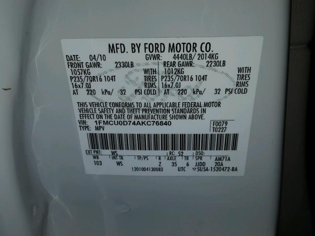 1FMCU0D74AKC76840 - 2010 FORD ESCAPE XLT WHITE photo 10