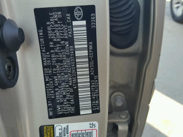 4T1BE32K04U371499 - 2004 TOYOTA CAMRY LE GOLD photo 10