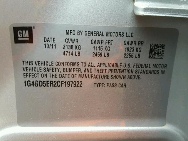 1G4GD5ER2CF197922 - 2012 BUICK LACROSSE P SILVER photo 10