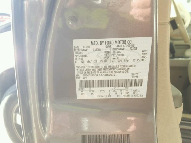 1FMCU0D7XAKB89072 - 2010 FORD ESCAPE XLT GRAY photo 10