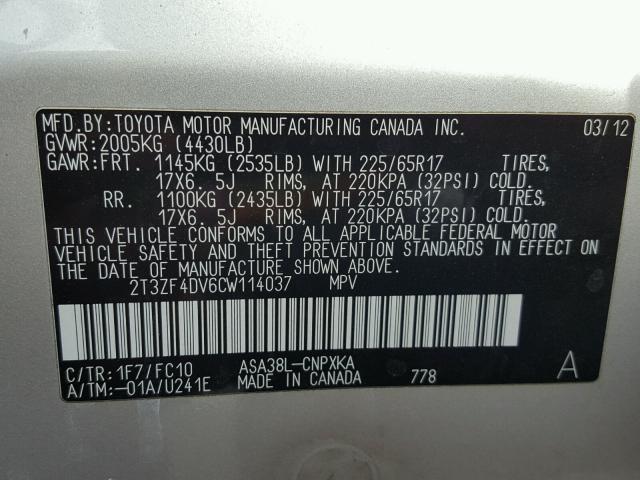 2T3ZF4DV6CW114037 - 2012 TOYOTA RAV4 SILVER photo 10